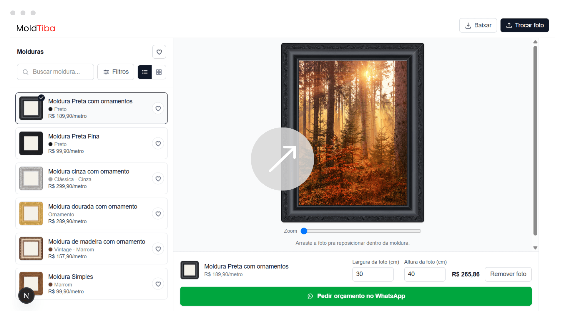 Simulador de molduras rodando de verdade, com uma moldura preta emoldurando uma foto de floresta