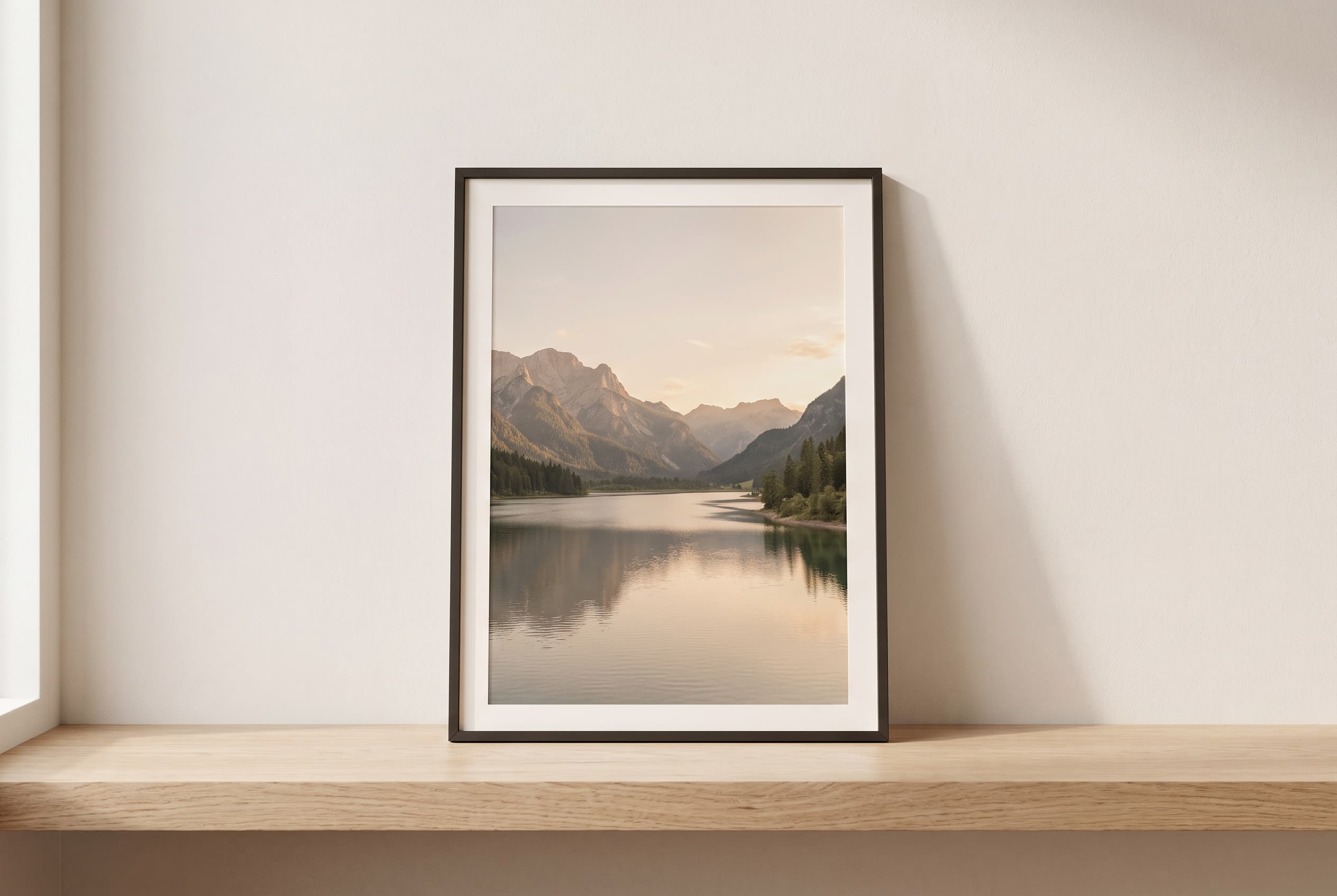 A mesma foto do lago já emoldurada, com passe-partout branco e moldura preta fina
