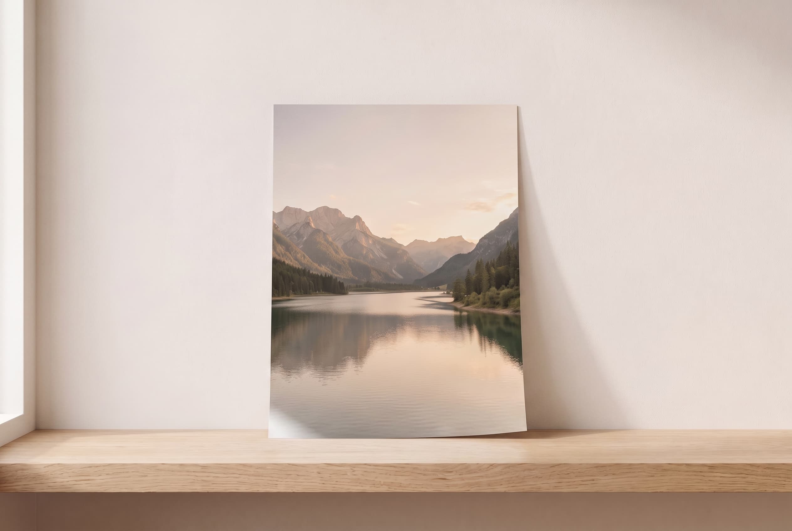 Foto de um lago entre montanhas ao entardecer, impressa e solta, sem moldura